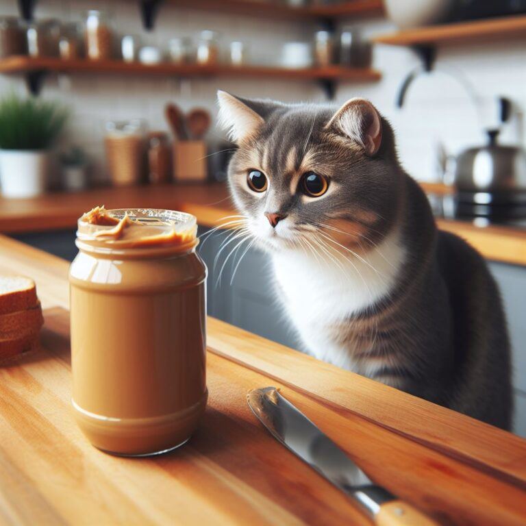 a cat staring at a jar of peanut butter on a kitchen worktop