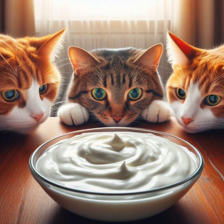 three cats looking at a delicious bowl of fresh yogurt