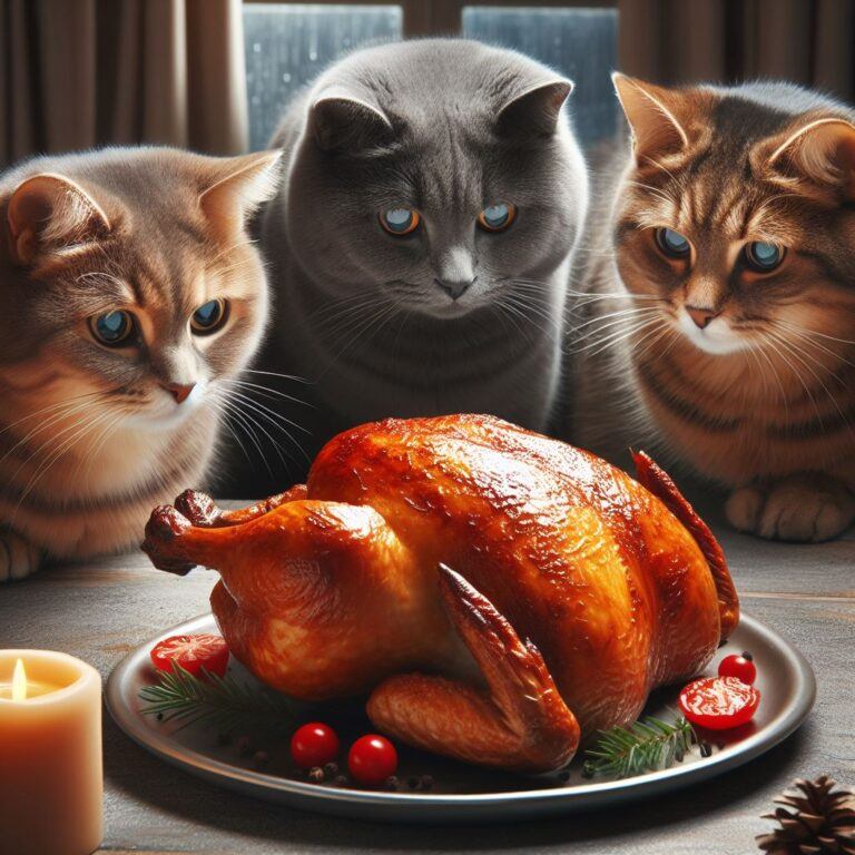 three cats looking at a whole recently roasted chicken