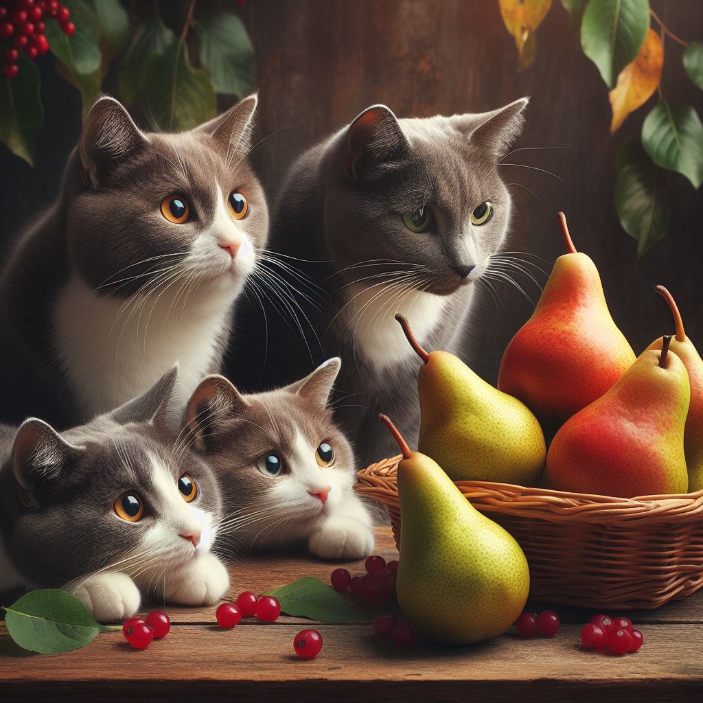 cats looking at pears