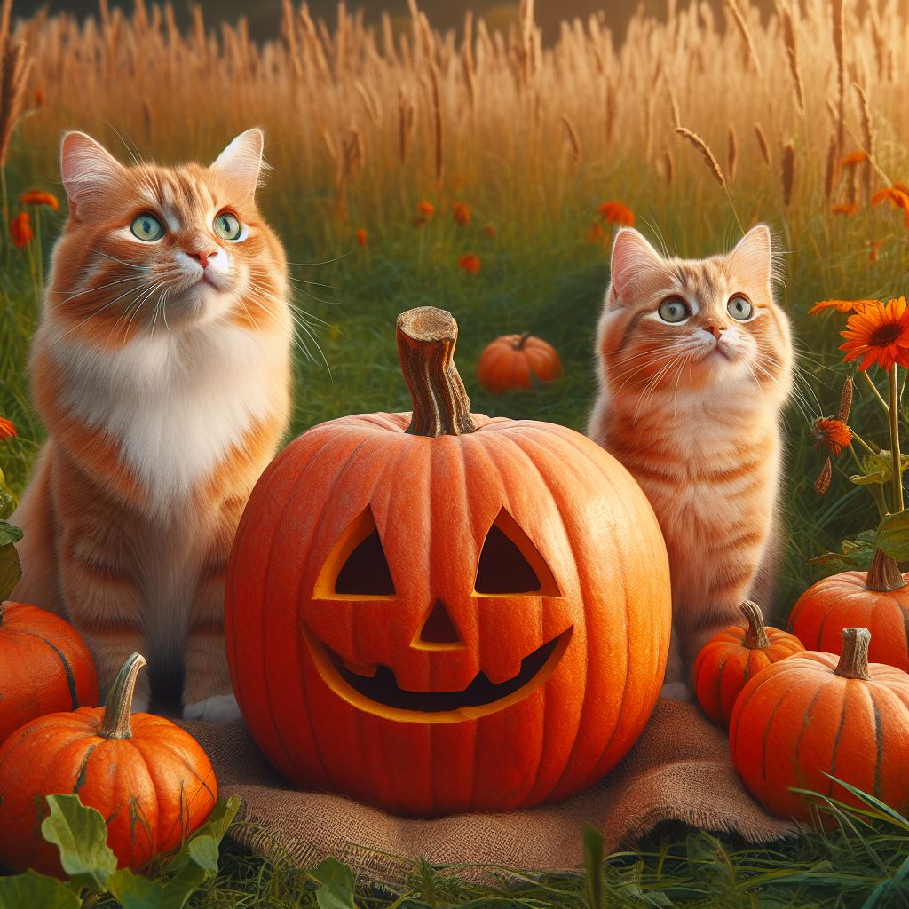 two cats looking at a halloween carved pumpkin