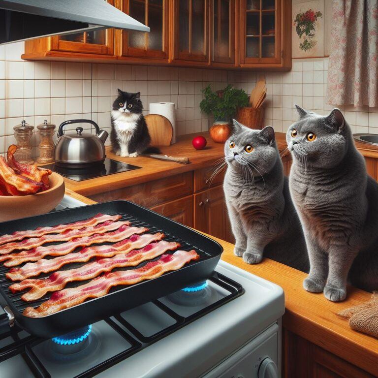 some cats looking at some bacon cooking in a kitchen