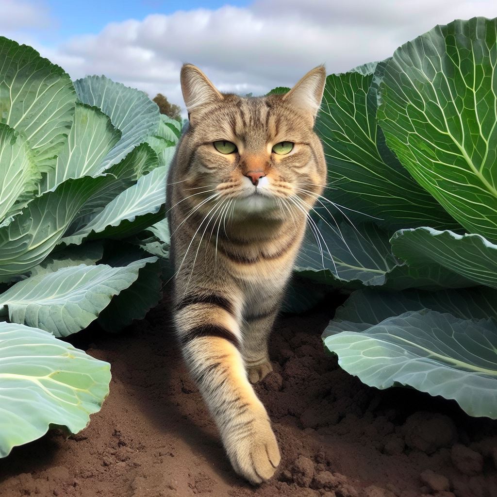 a cat casually strolling through a cabbage patch