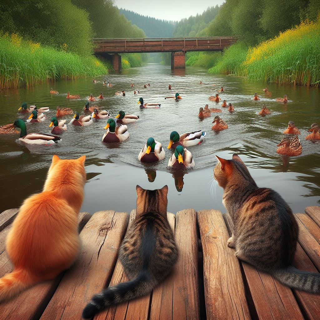 three cats looking at some ducks swimming on a peaceful river