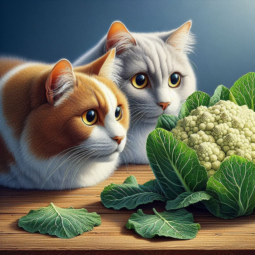 two cats looking at some caulifower