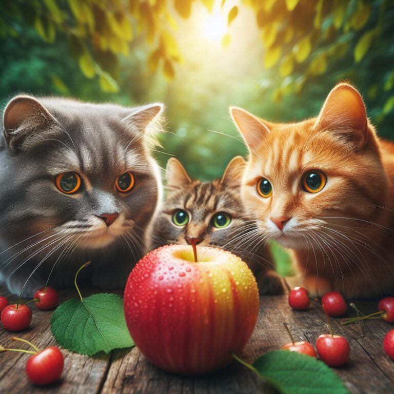 three cats looking at a nice juicy apple