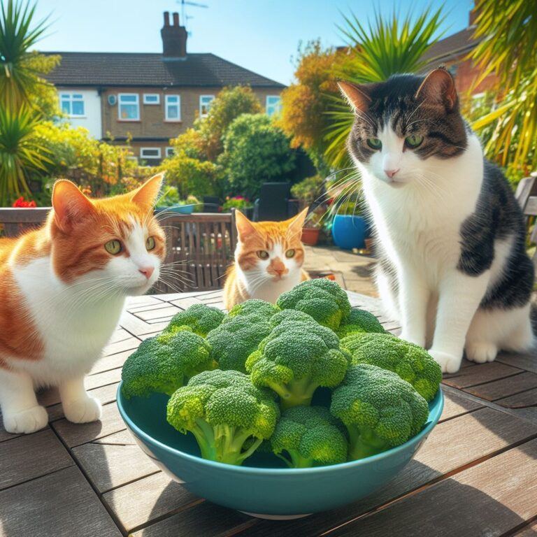 three cats sat outside on a terrace looking a bowl of broccoli