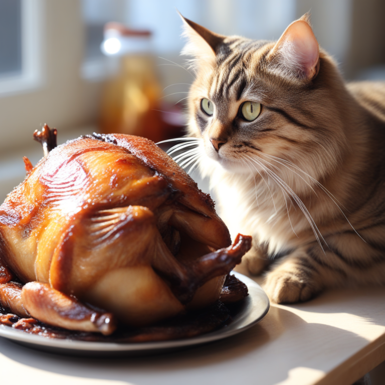 a cat looking at a nice freshsley roasted turkey