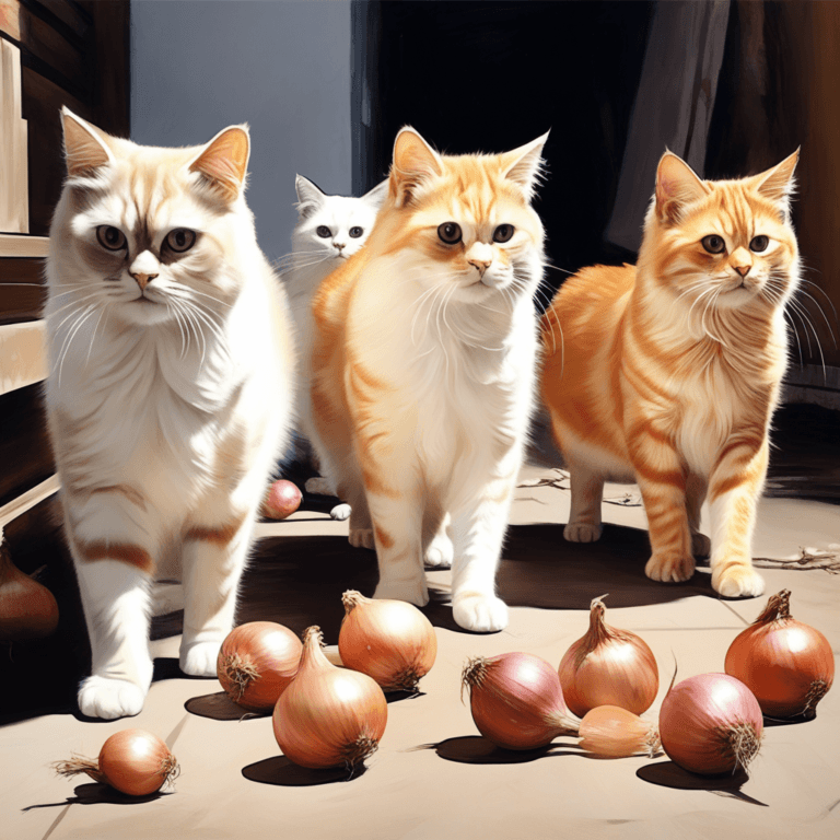 three cats looking at some onions