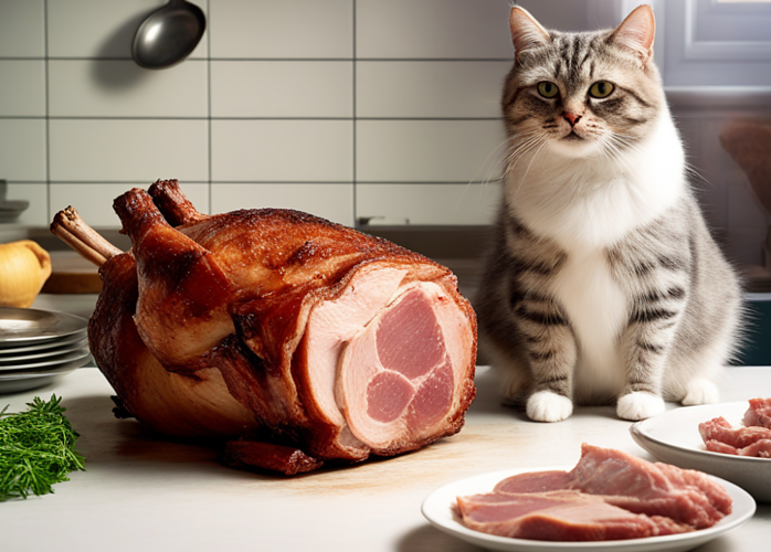 a cat sat on a kitchen counter staring at a freshly roasted joint of pork