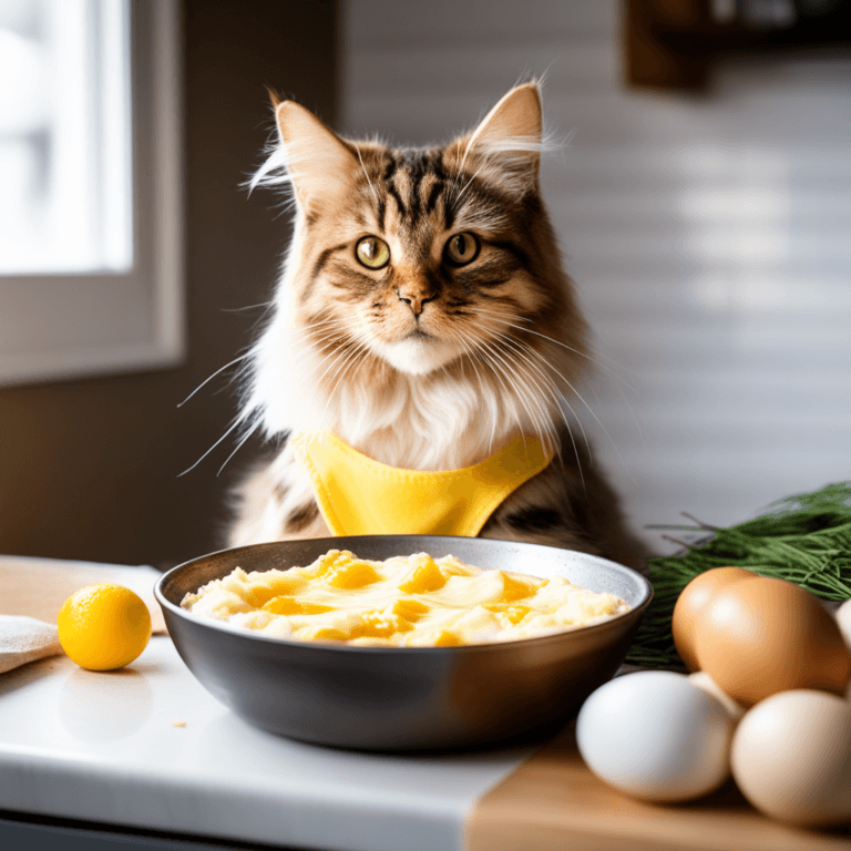 a beautiful cat looking at a bowl of freshly prepared scrambled eggs