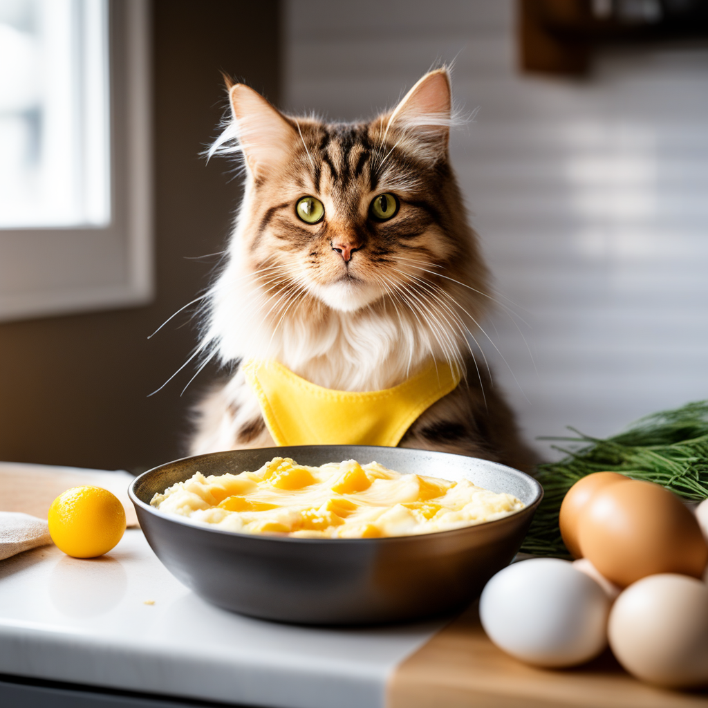 a beautiful cat looking at a bowl of freshly prepared scrambled eggs