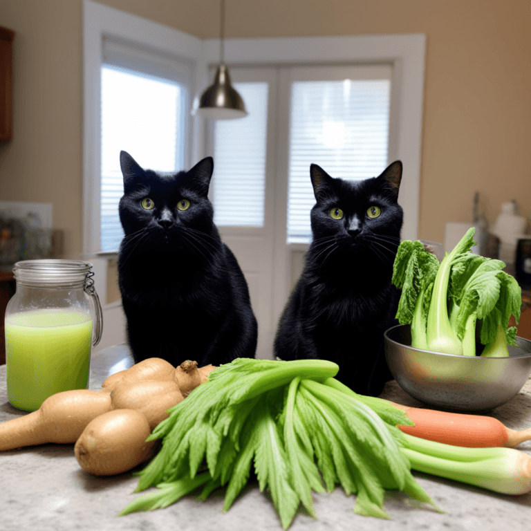 two black cats staring at a bunch of tasty celery