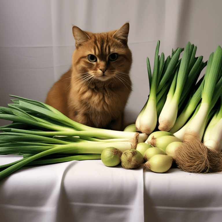 a golden coloured cat looking at a pile of fresh leeks