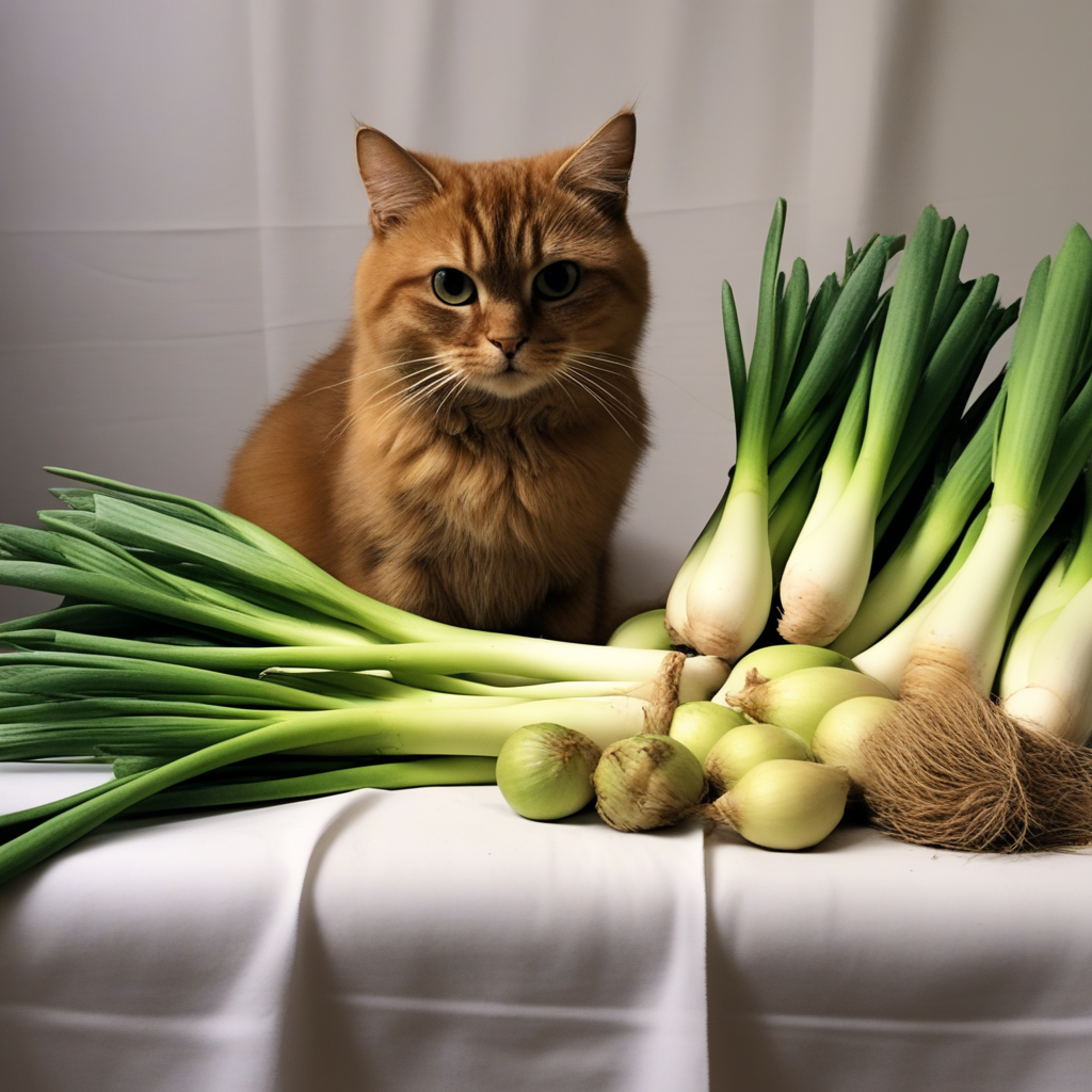 a golden coloured cat looking at a pile of fresh leeks