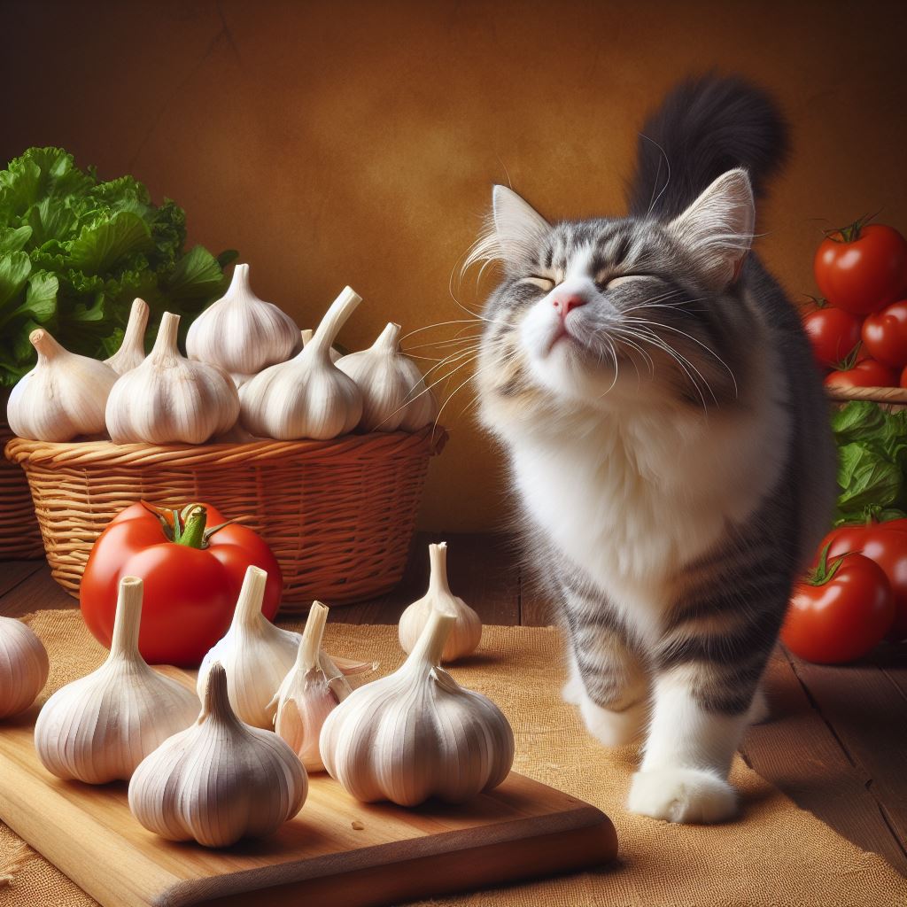 a cat turning its nose up and walking away from some garlic