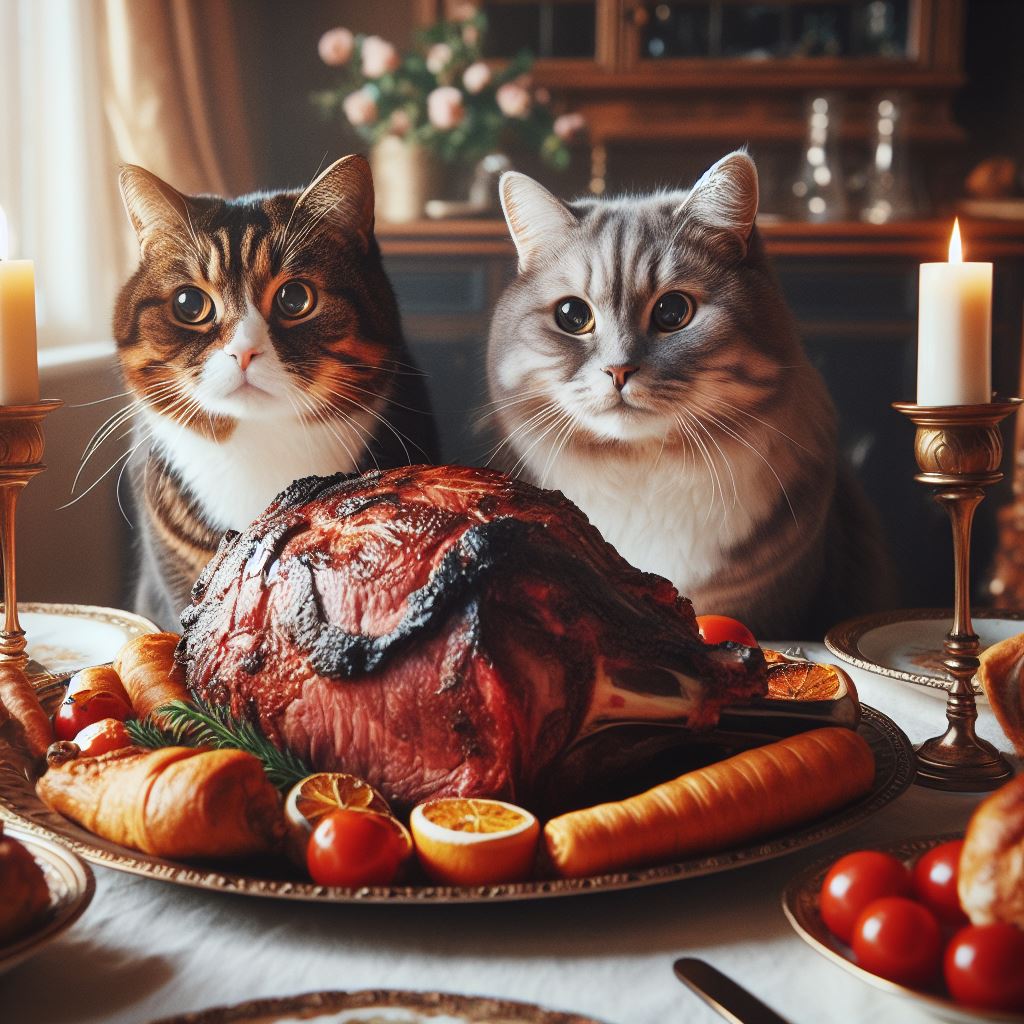 two cats looking at a nicely roasted beef ribeye on a dining room table