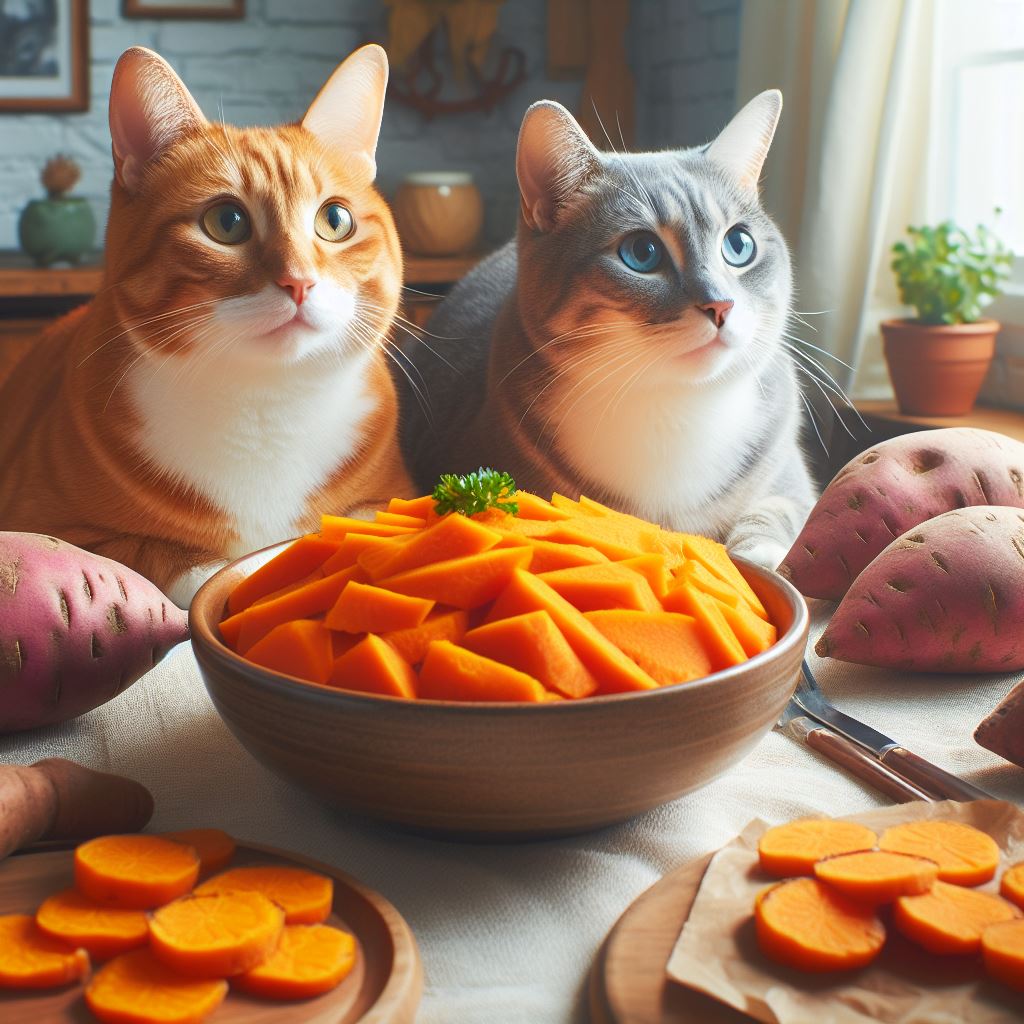 two cats looking ata freshsly steamed bowl of sweet potatoes