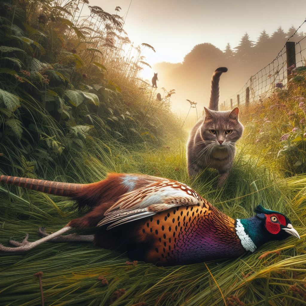 a cat hunting down a pheasant in the countryside