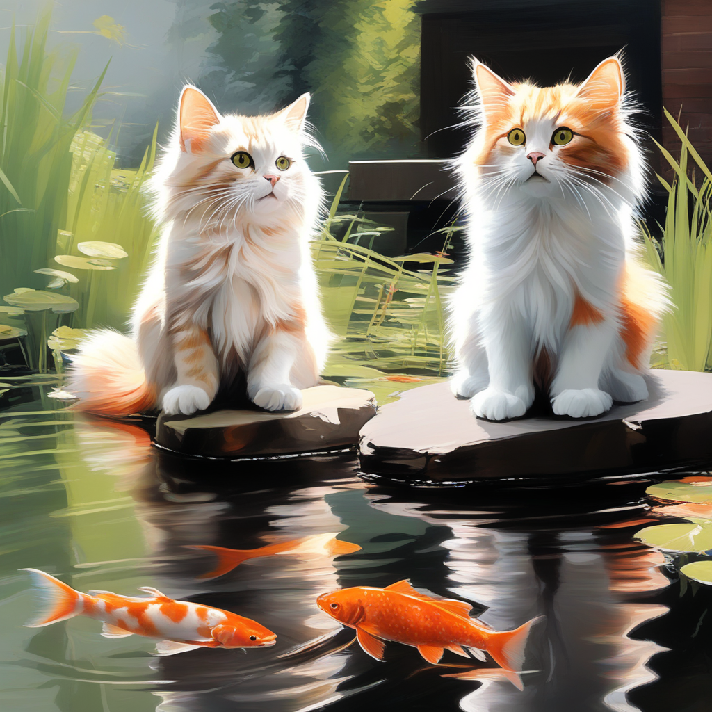 two cats looking at some fish swimming in a pond