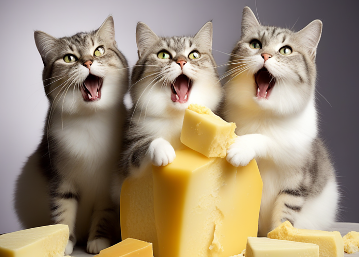 three cats eating a lump of yellow cheese