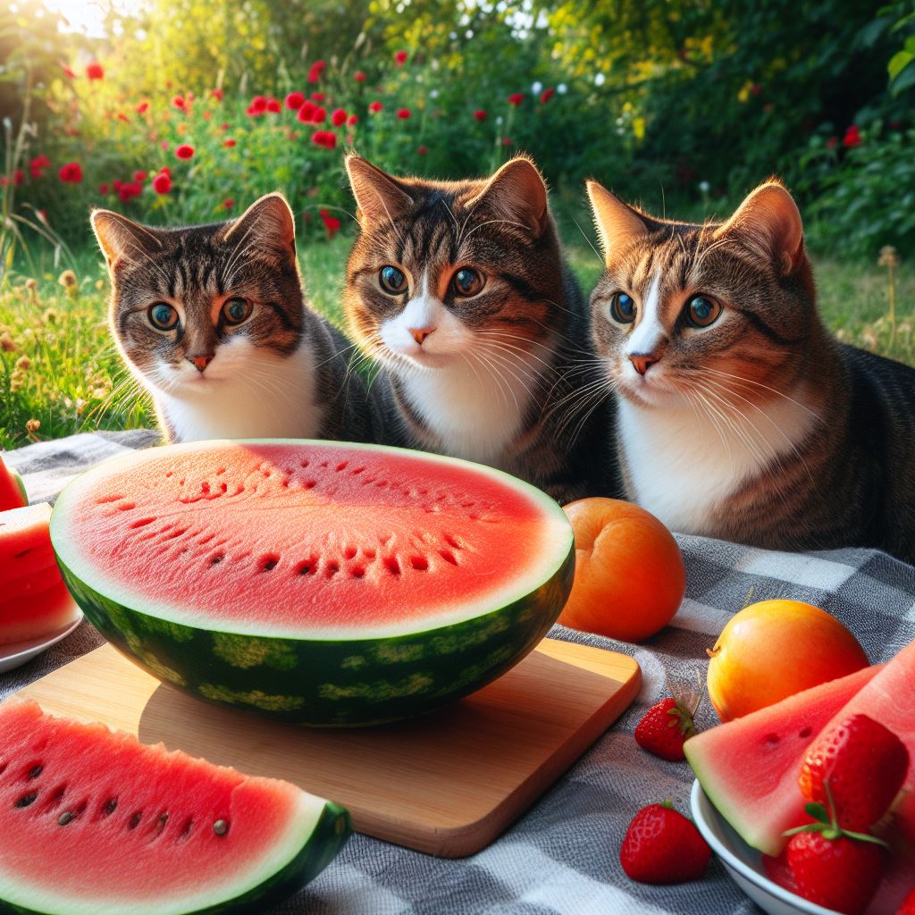 three cats staring at some juicy watermelon slices on a picnic mat in a garden