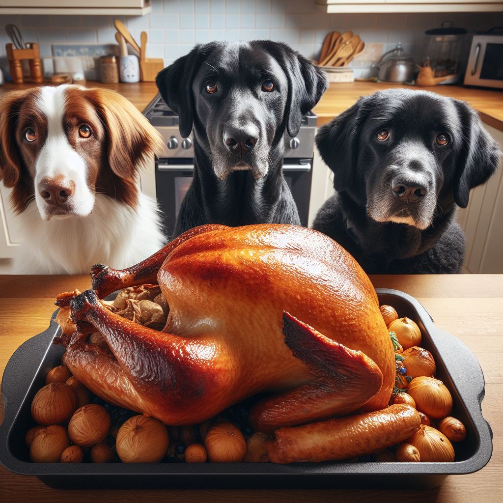 three dogs staring at a roasted turkey on a kitchen worktop