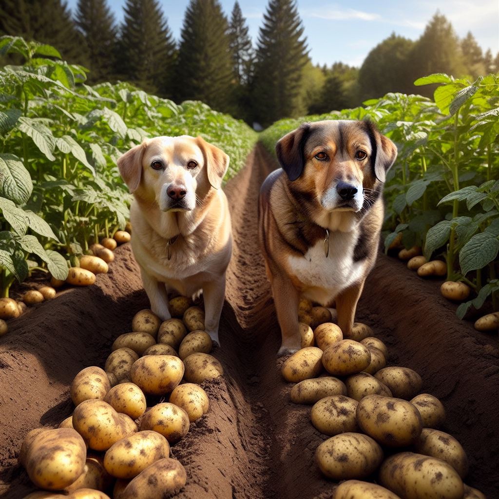 two dogs walking through a potato patch in a garden