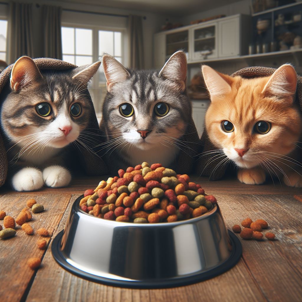 three cats looking at a bowl of dog kibble