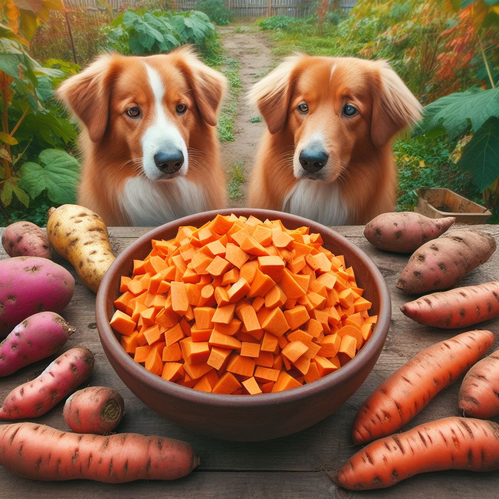 two dogs looking at a bowl of freshly chopped cooked sweet potatoes