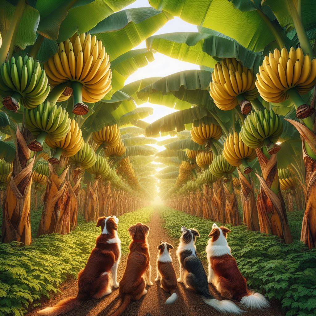 five dogs looking up at a lot of bananas growing in a huge plantation