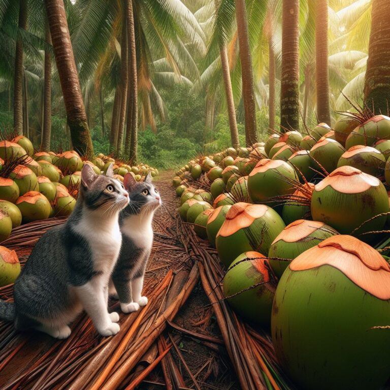 two cats looking at some delicious coconuts in a coconut plantation