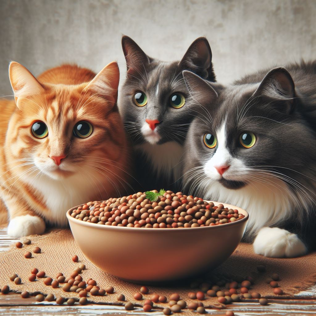 cats looking at a bowl of multi coloured lentils