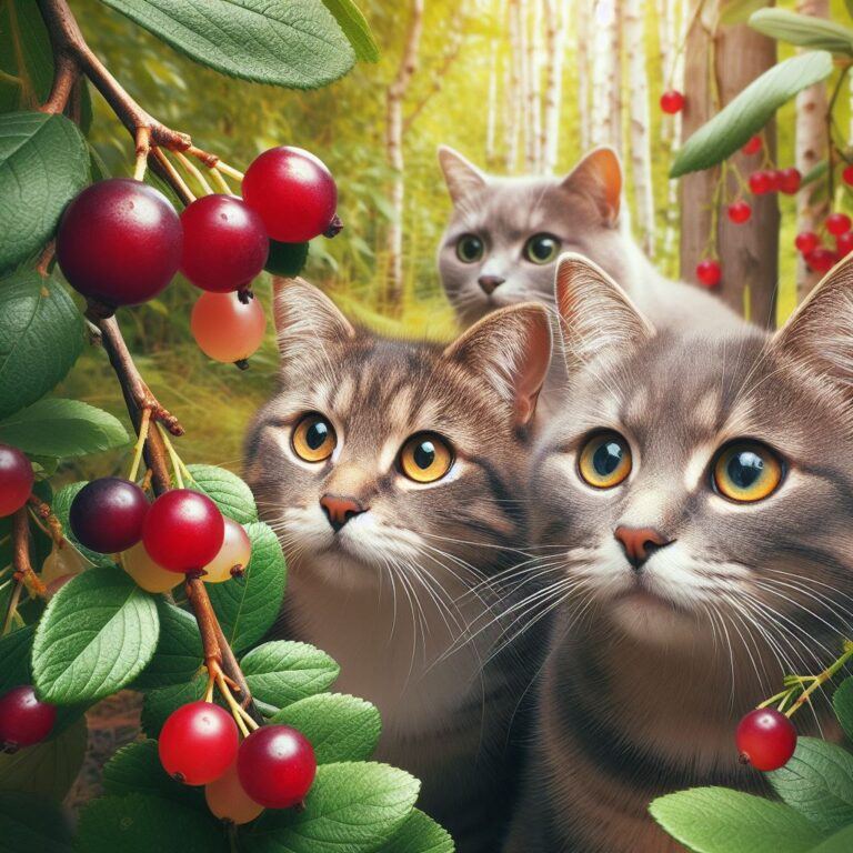 three cats in a garden staring at some juicy cranberries growing on a tree