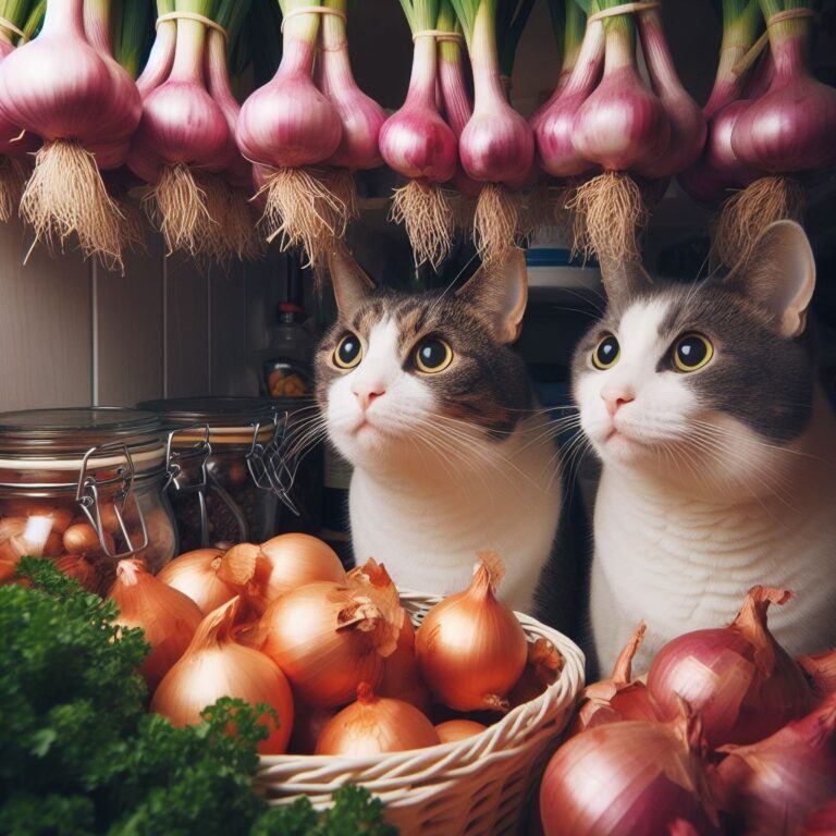 two cats looking at some bunches of shallots in a kitchen pantry