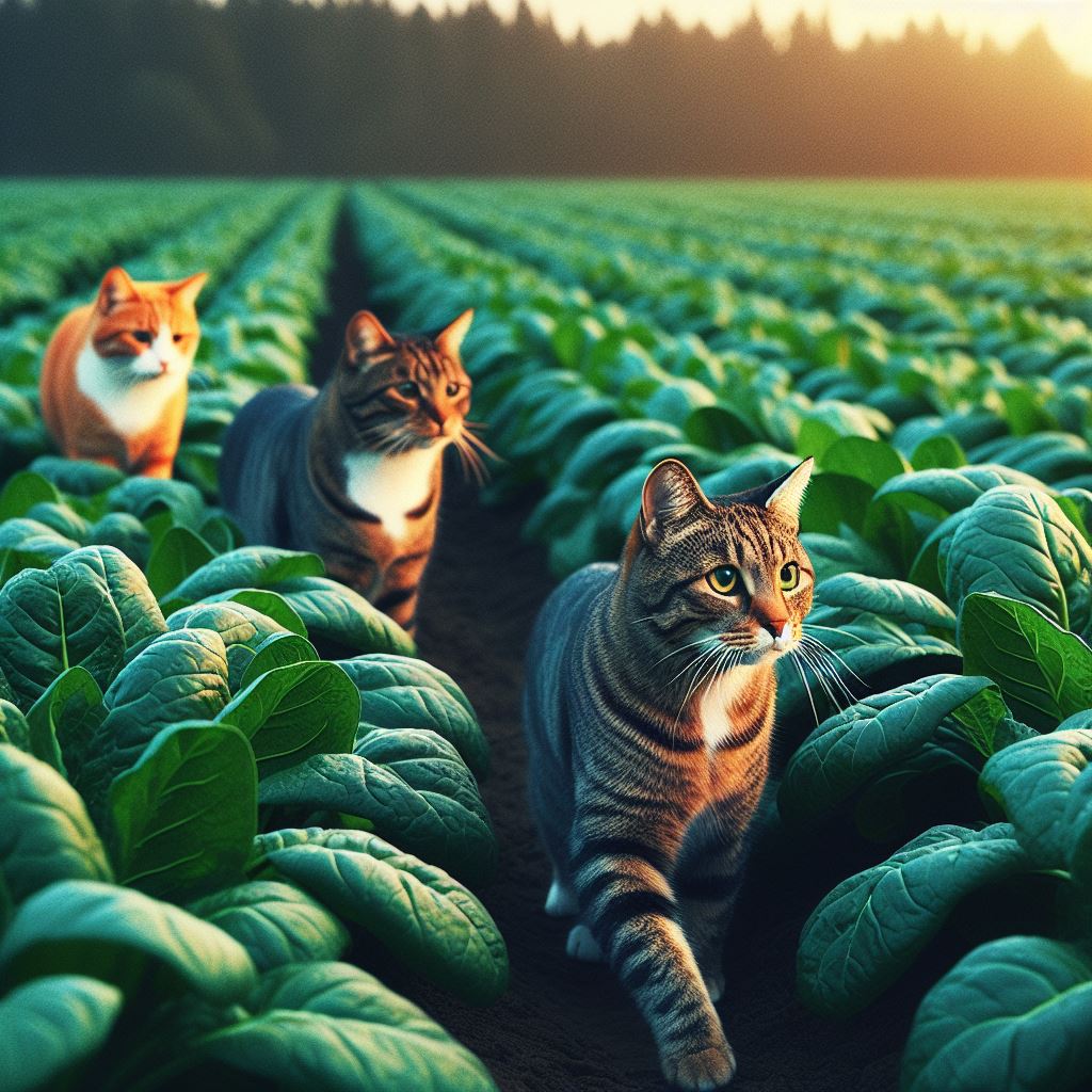 somes cats walking through a field of spinach