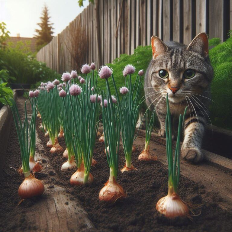 a cat walking past some fresh chives growing in a garden