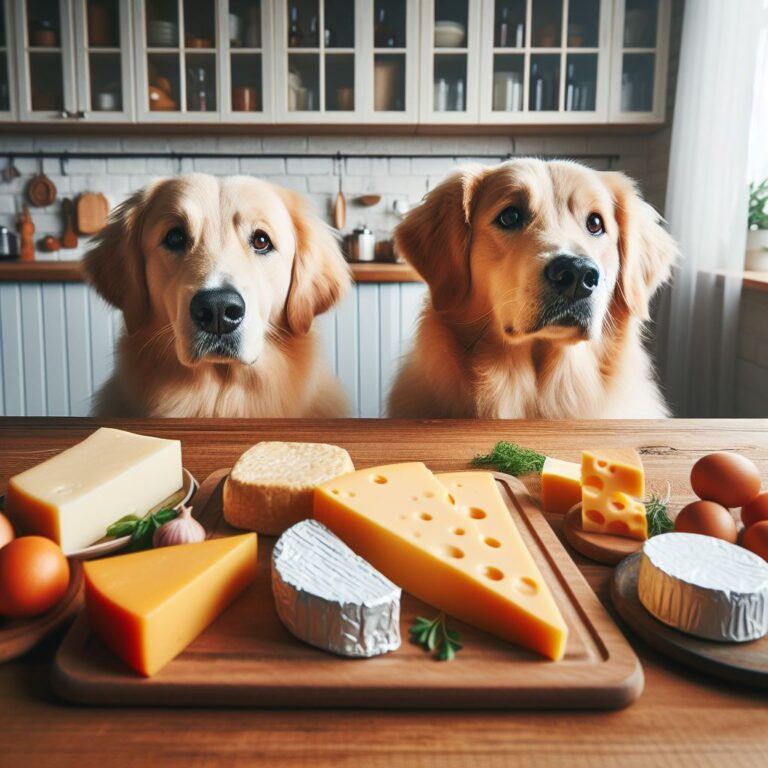 two dogs looking at a variety of cheeses on a kitchen table