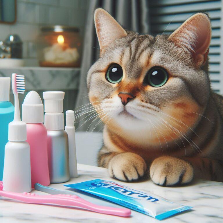 a cat in a bathroom looking at various dental hygiene products