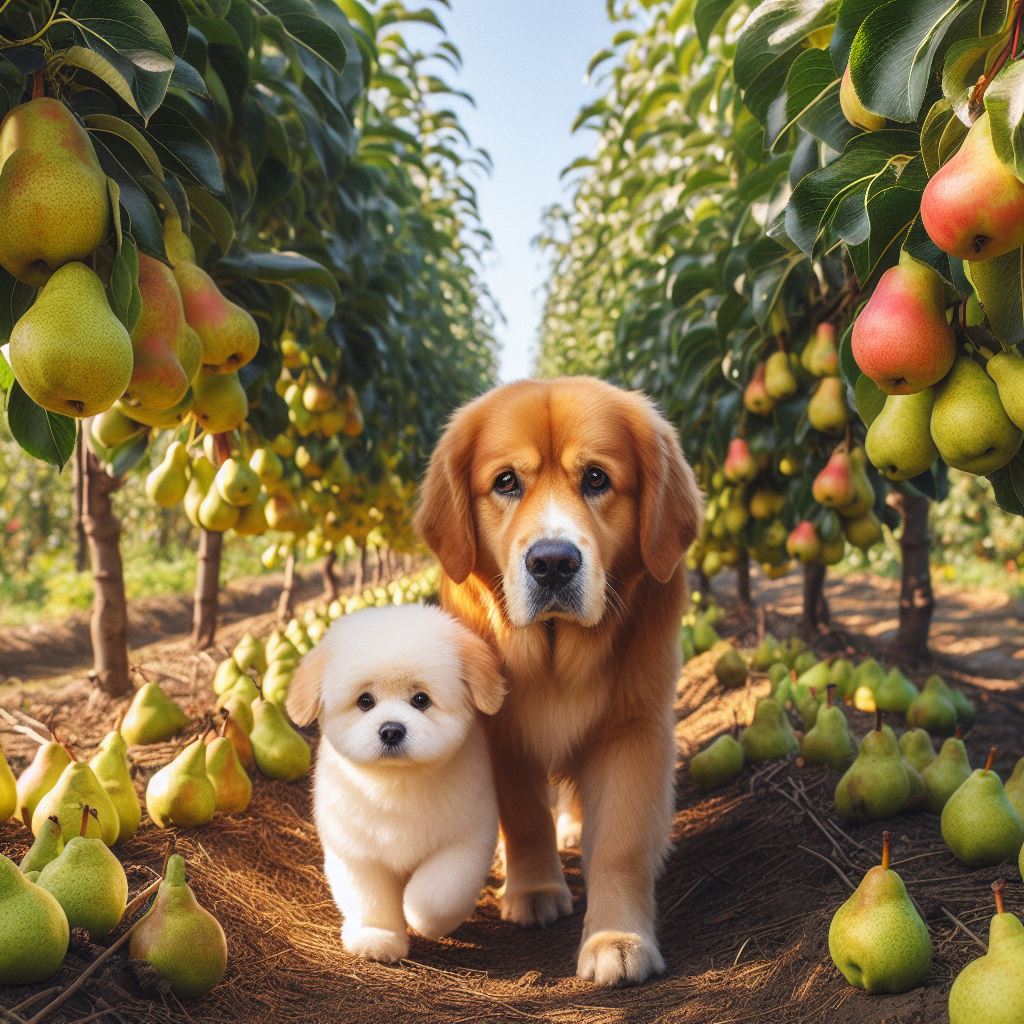 two dogs walking through an orchard full of pear trees