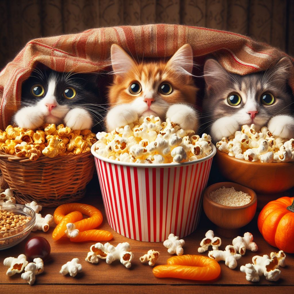 three cats looking at some tasty bags of popcorn!