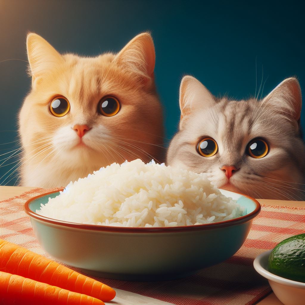 two cats looking at a healthy bowl of freshly cooked white rice