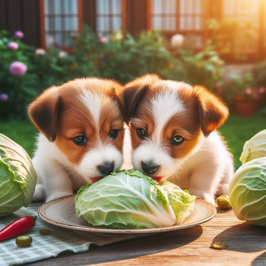 two cute little dogs eating a bowl of cabbage in a garden