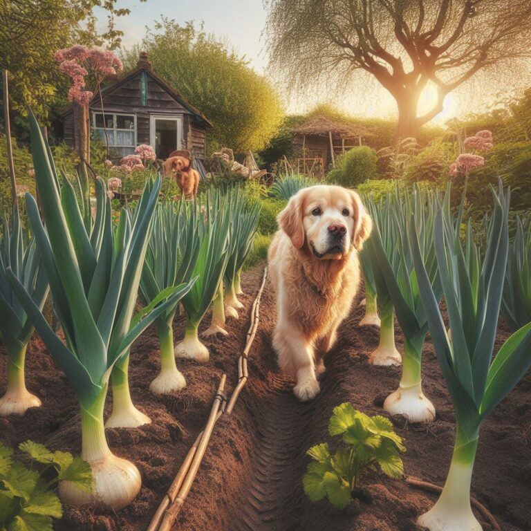 a cute labrador walking through a leek plantation