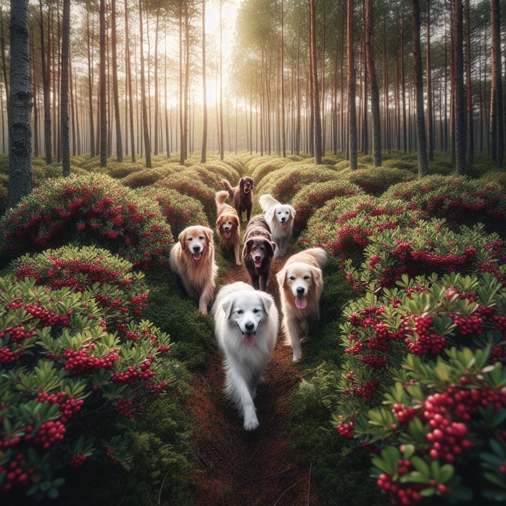 some dogs walking through a cranberry plantation