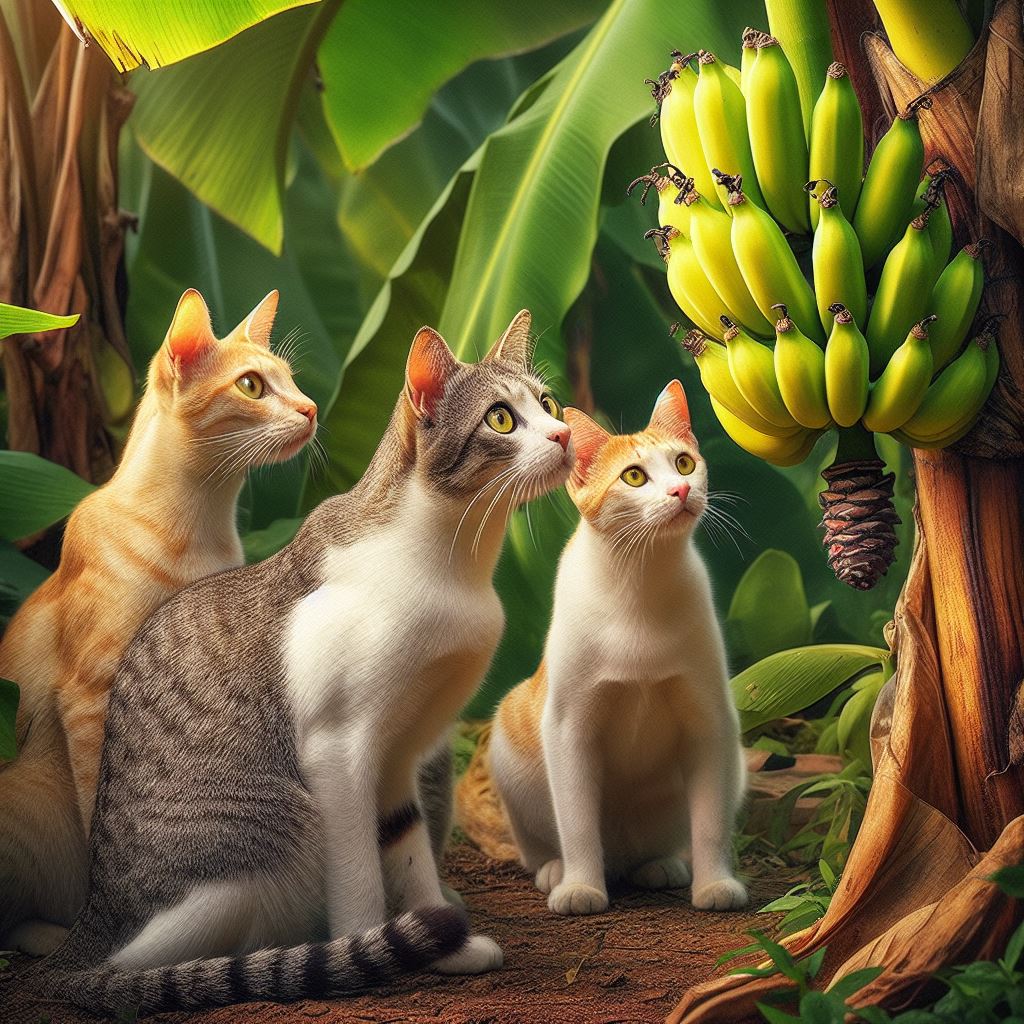 three cats looking a ripe bucnch of banana growing on a tree