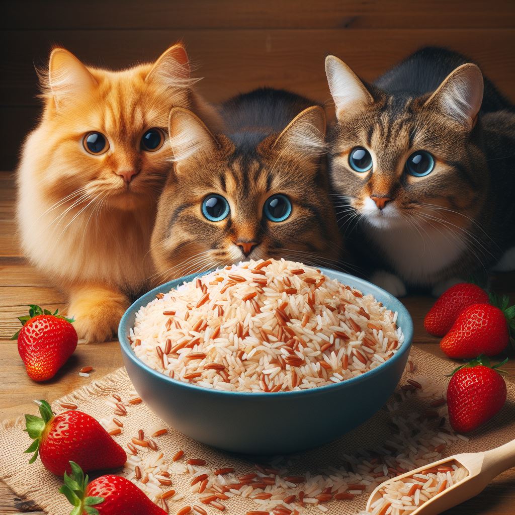 three cats looking at a bowl of simply prepared brown rice