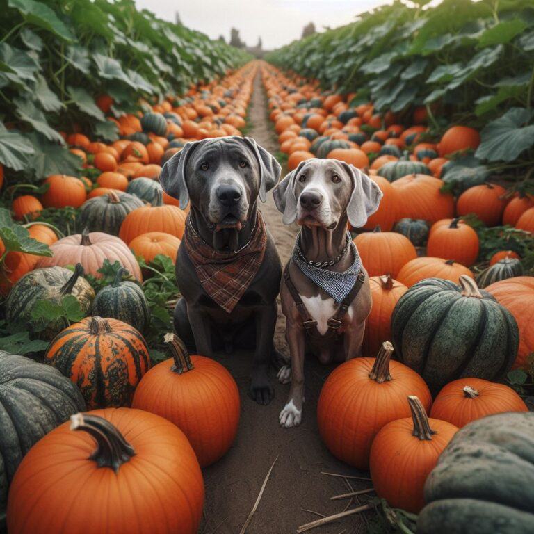 two grey coloured dogs in the middle of a plantation of various different types of pumpkins