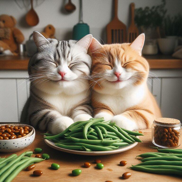 two happy looking cats staring at a bowl of healthy green beans