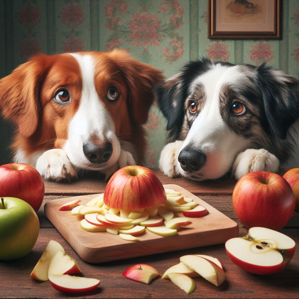 two dogs loooking at some freshly chopped apple slices on a table